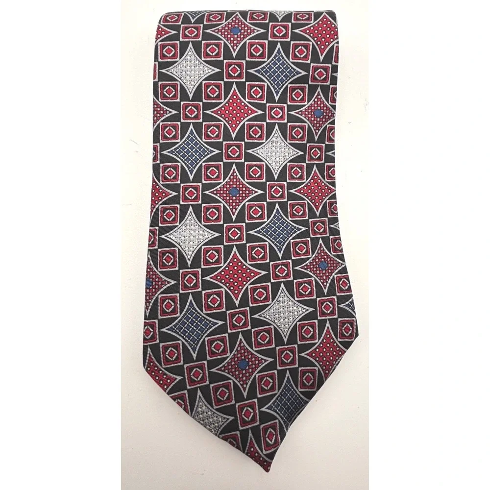 Oscar de la Renta Men's 100% Silk Tie Black Red Blue Geometric Made in USA
